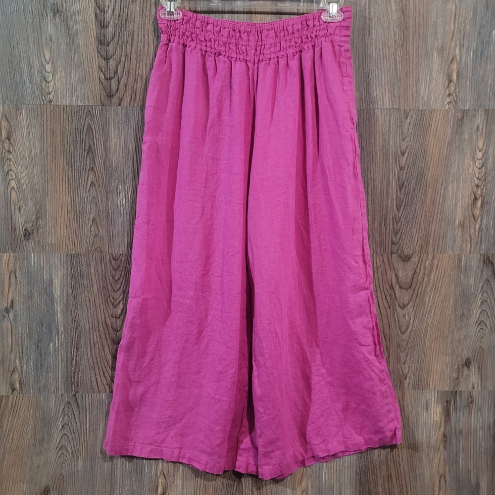 Anthropologie 100% Linen Wide Leg Crop Palazzo Pants Sz S x 24 Pink Beach Resort
